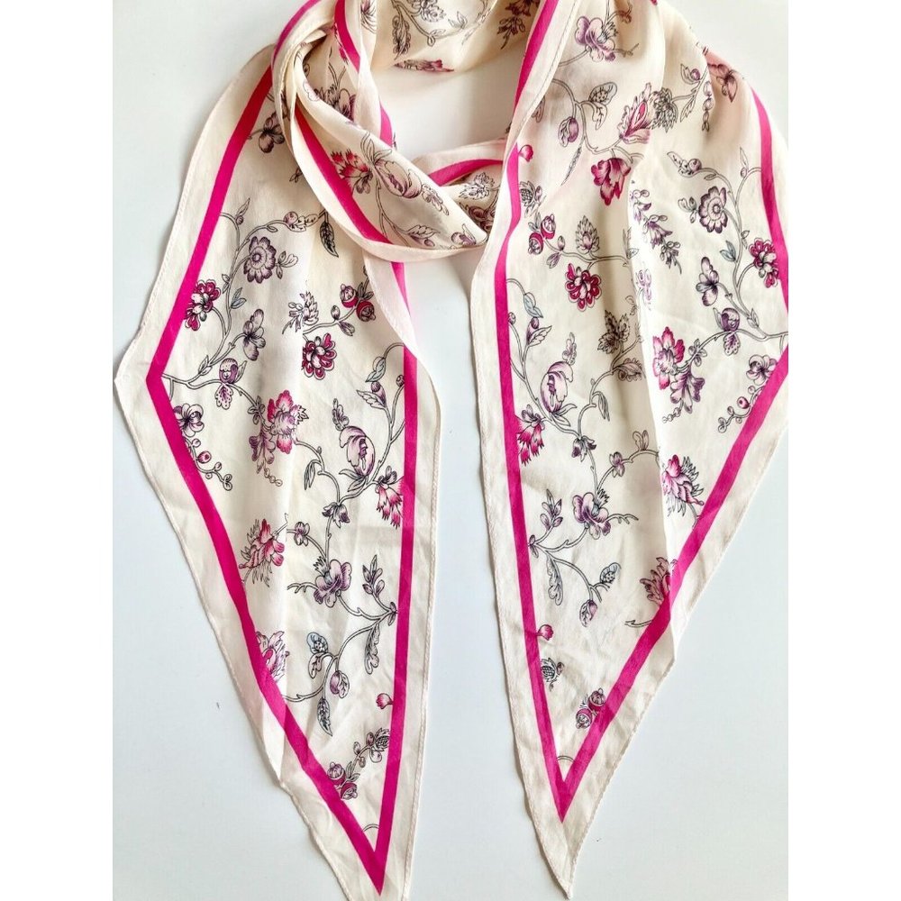 Vintage ANNE KLEIN Pink Ivory Floral Silk Crepe 68" x 8" Long Skinny Scarf - Picture 2 of 11